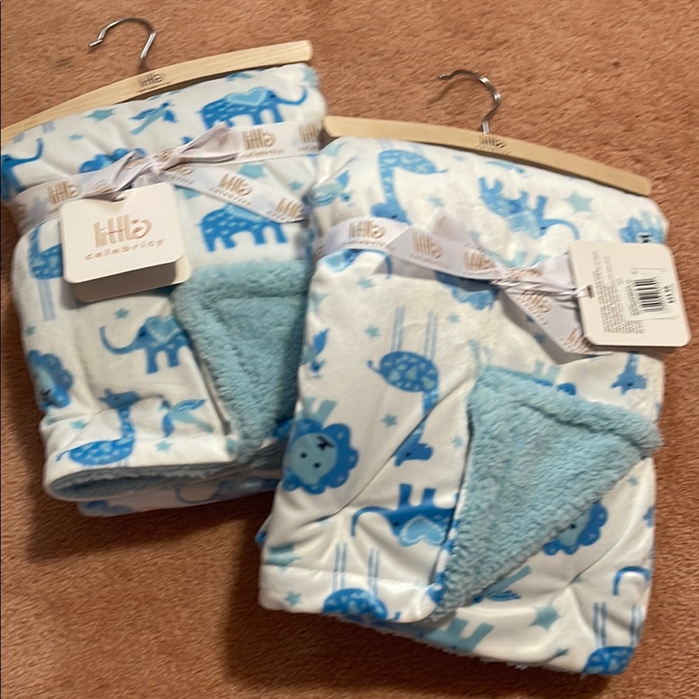 (2)Blue and White Baby Blanket Set